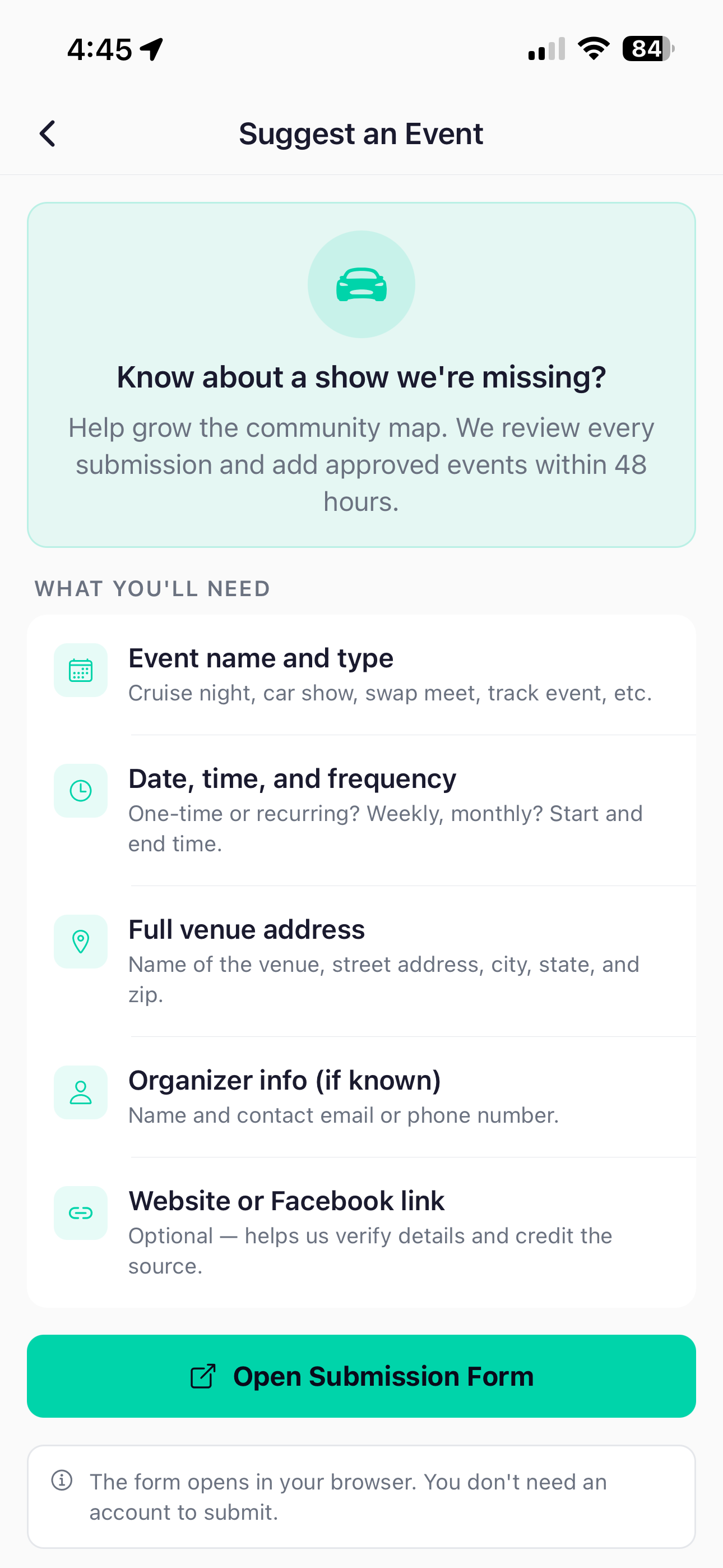 Suggest an Event screen
