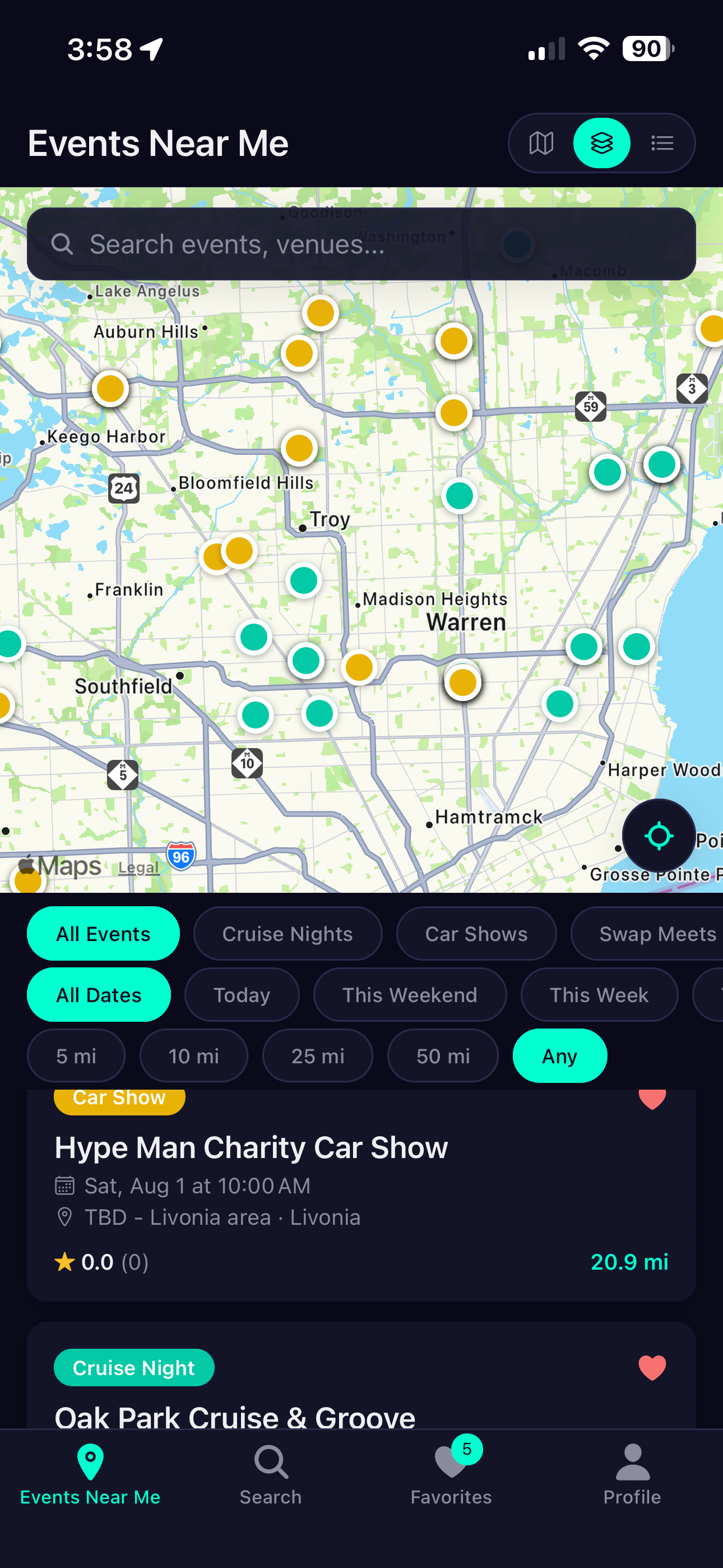Events Near Me — full Metro Detroit map packed with event pins