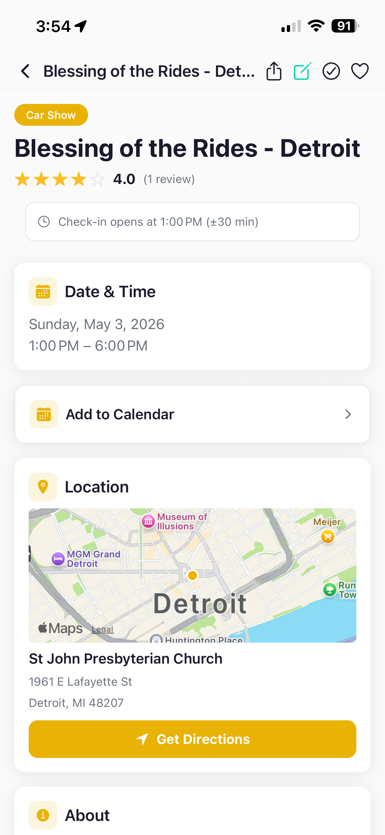 Woodward Wednesday Cruise Night — dark mode event detail with map, directions, date
