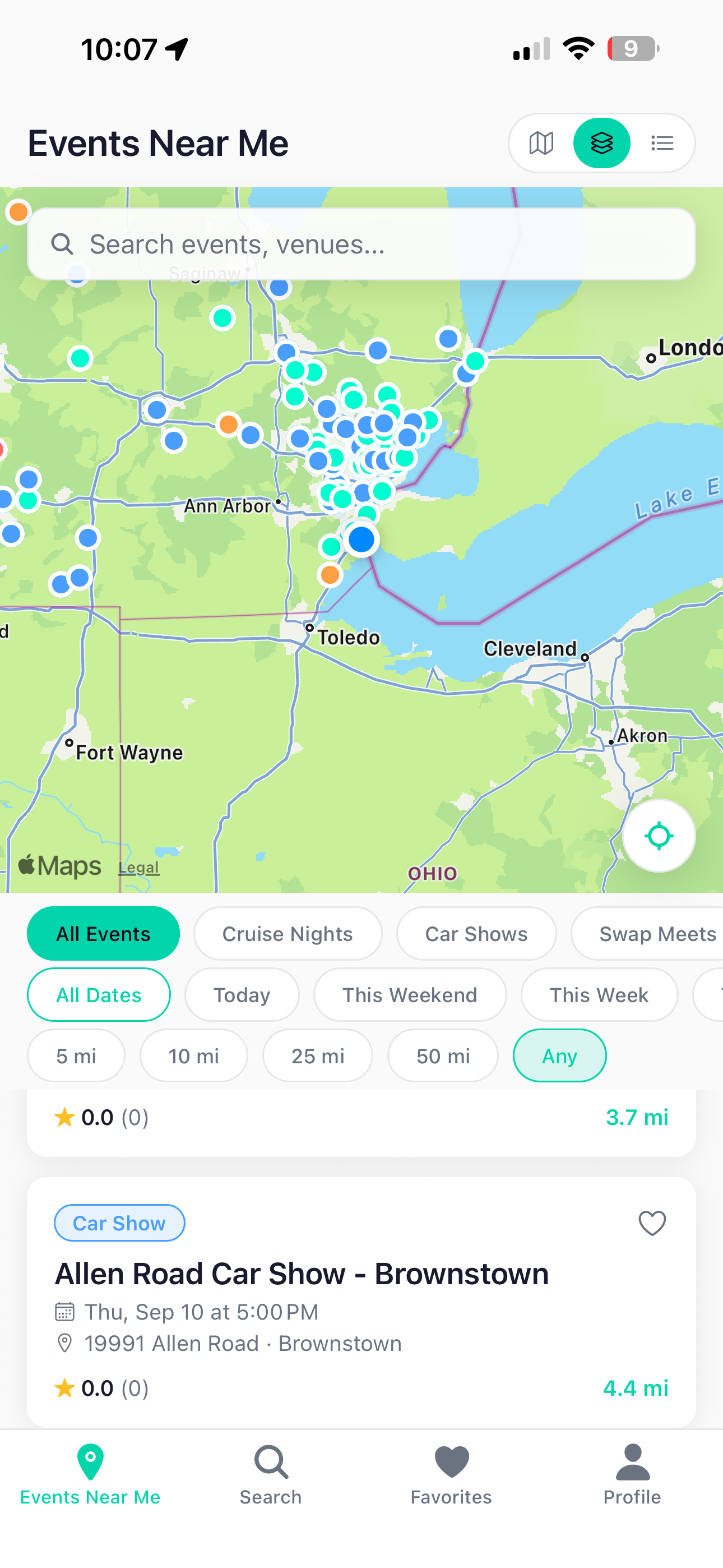 Dark mode map view — SE Michigan with color-coded event pins