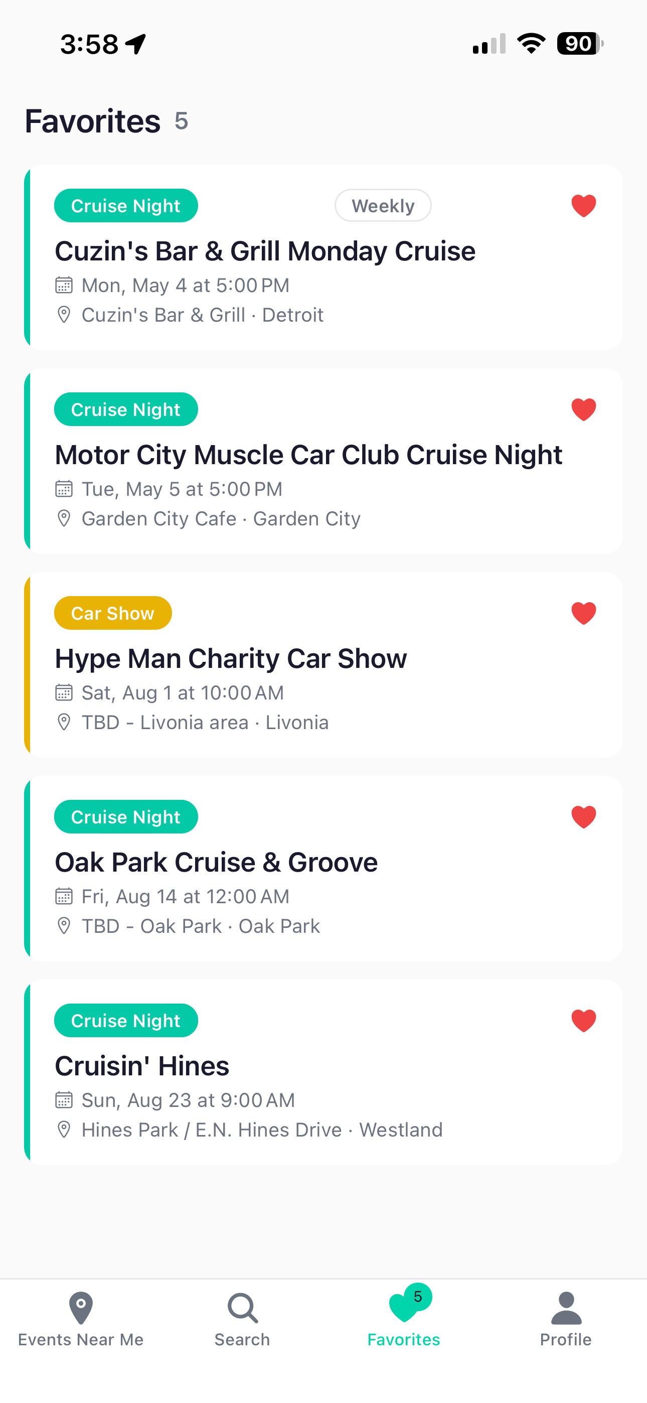 Favorites screen dark mode with 6 saved events