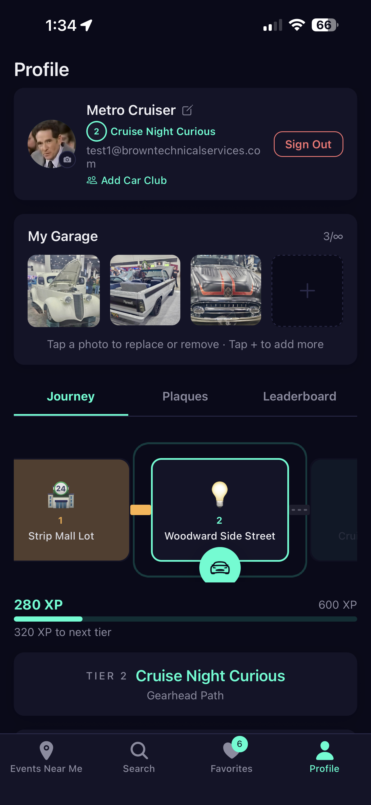 Profile with My Garage, Journey tiers, XP bar