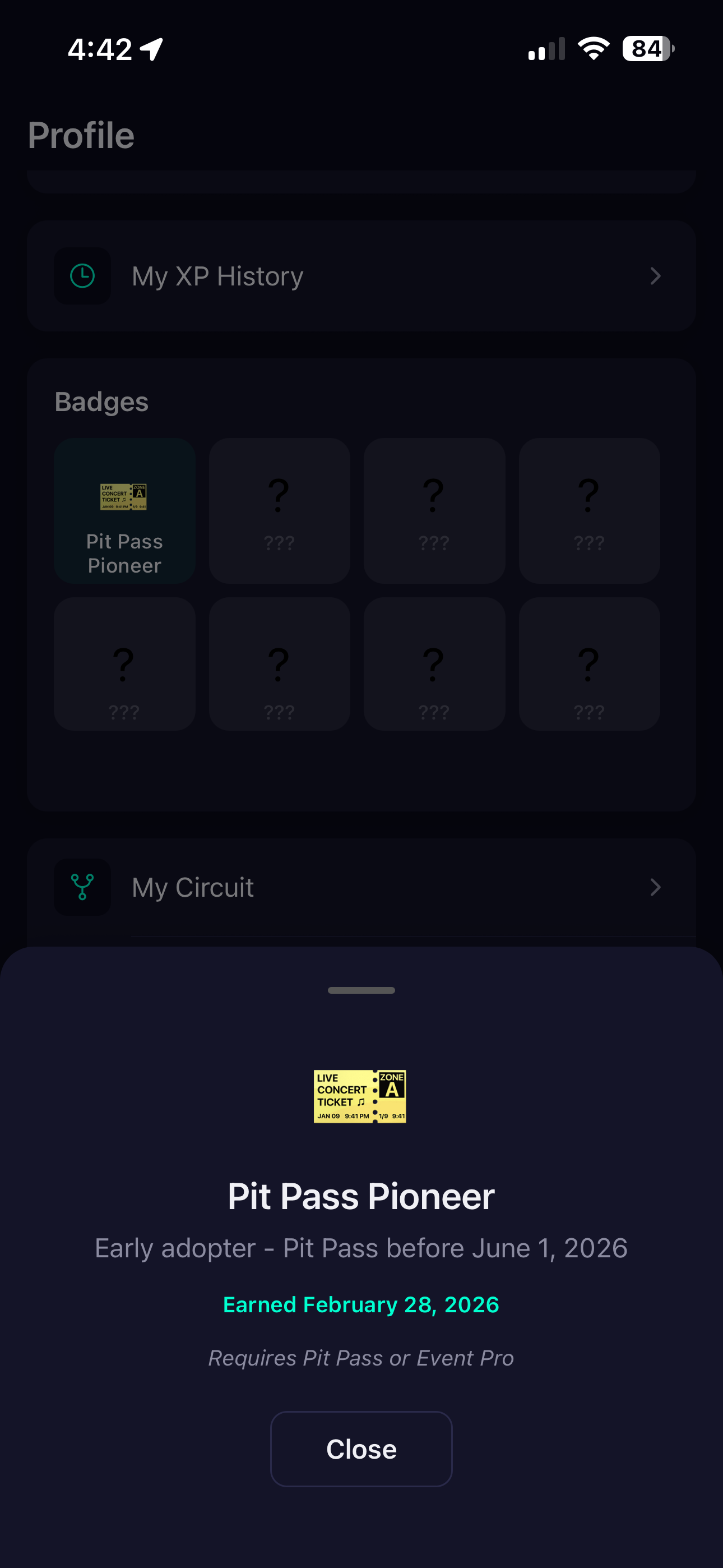 Badges grid with Pit Pass Pioneer badge
