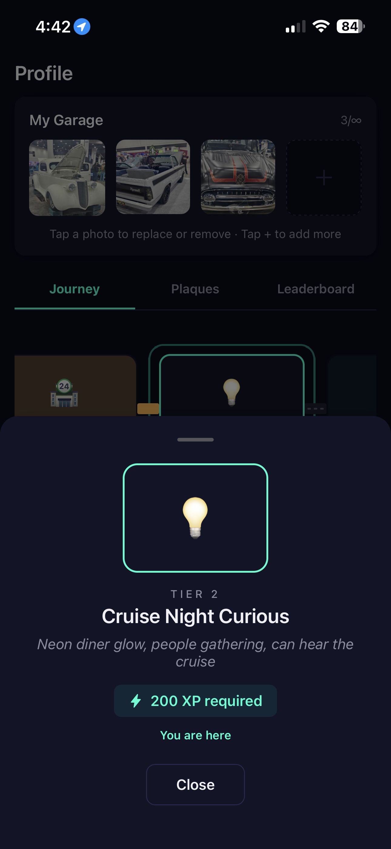 Evolution Journey tier popup — Cruise Night Curious