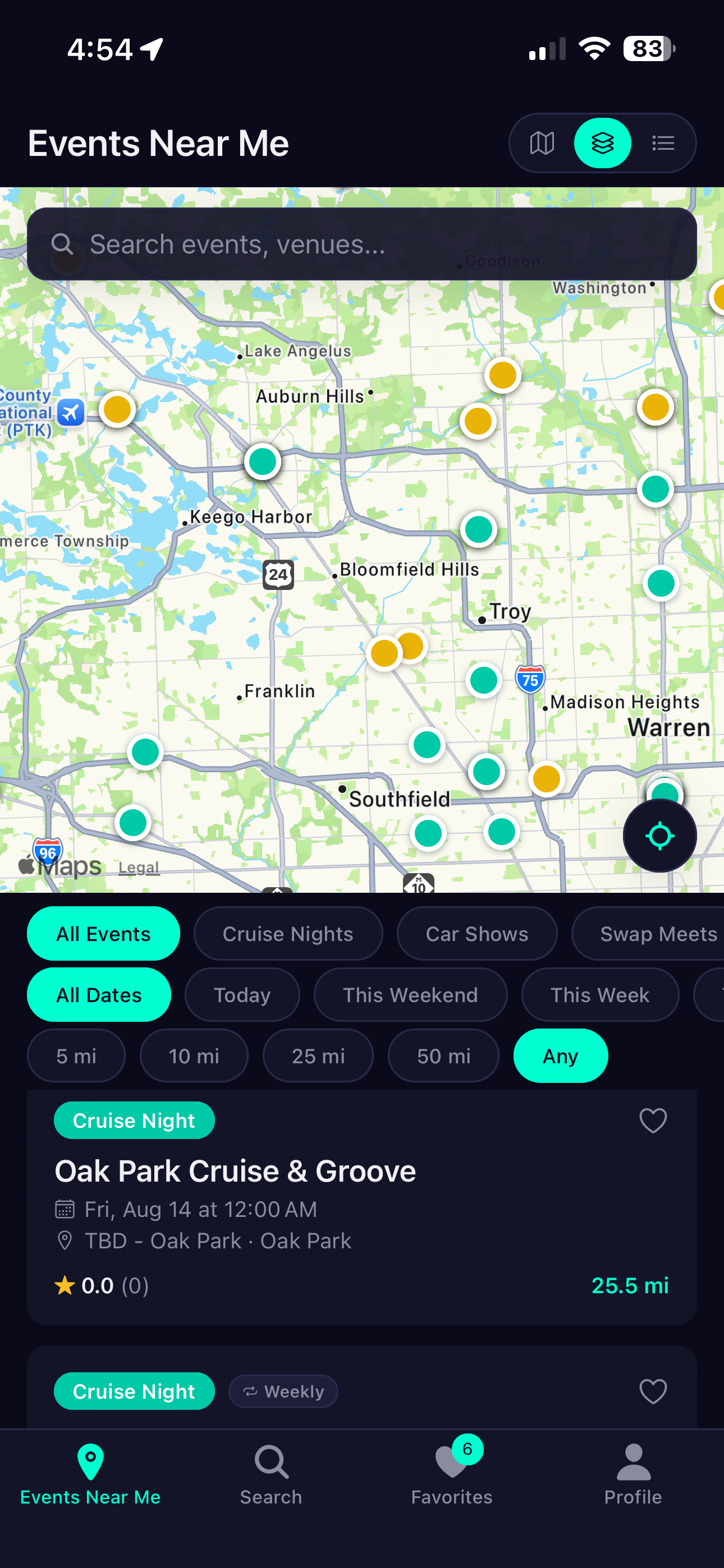 Dark mode map view SE Michigan