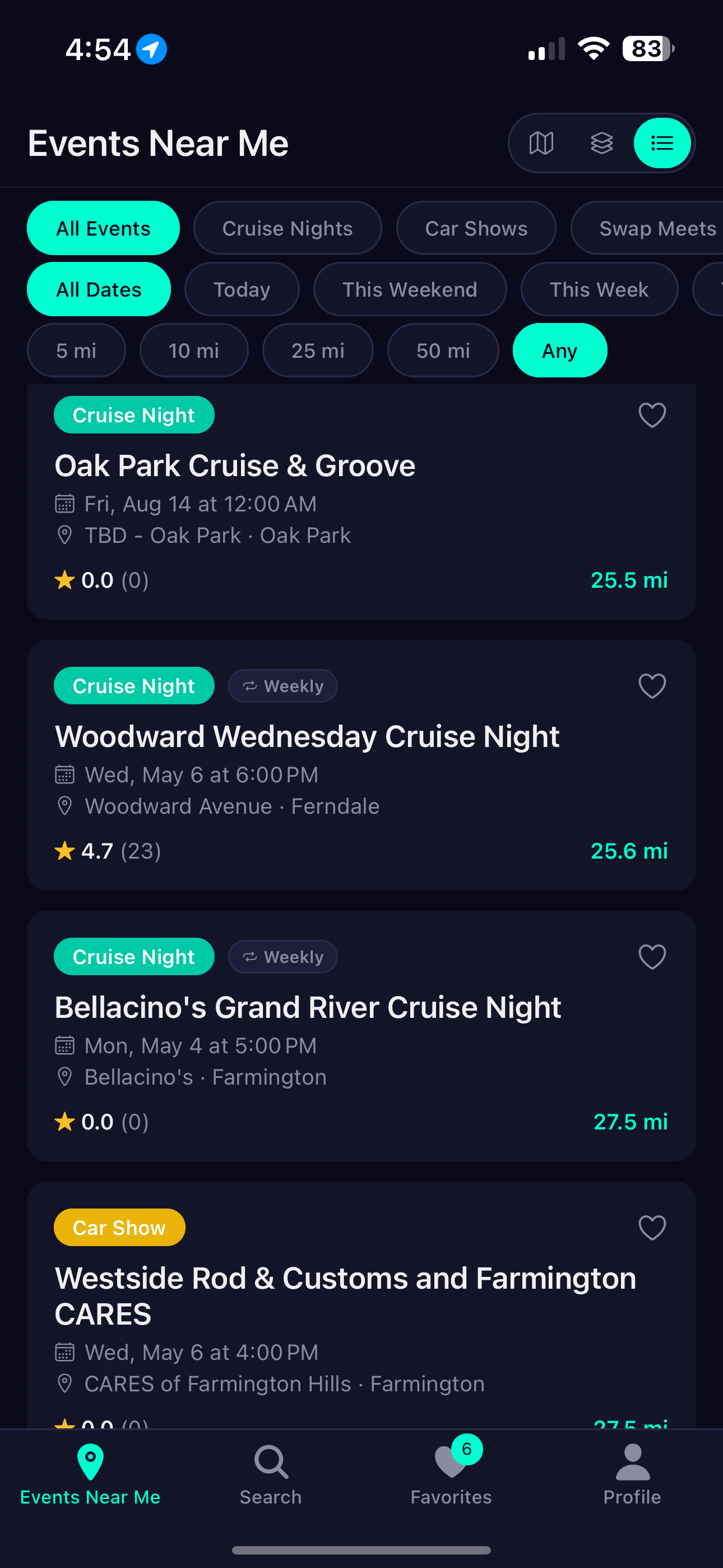Dark mode event list with Woodward cruise