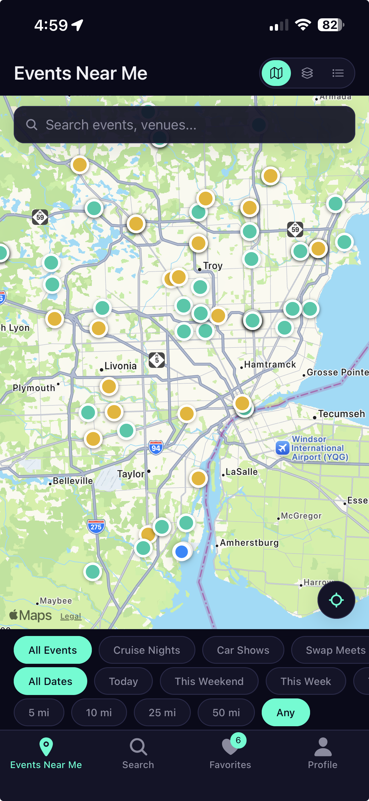 Full map view packed with events