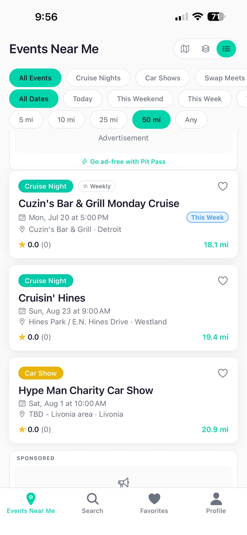 Event list in the Classic Car Show Finder app: cruise nights and car shows with dates, venues and distance