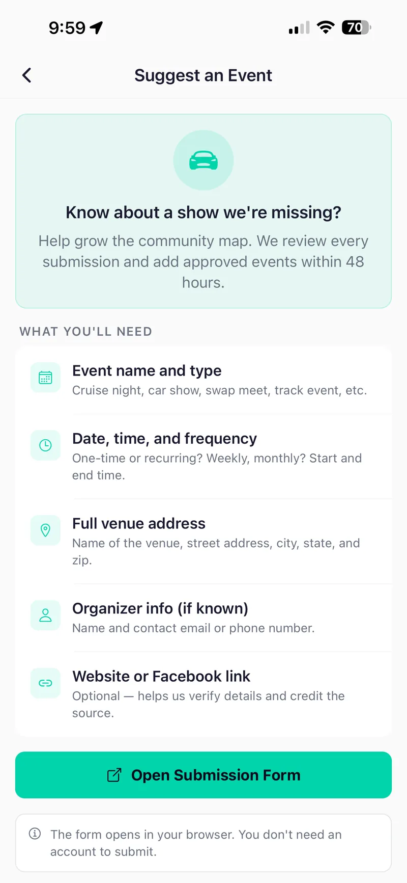 Suggest an event screen